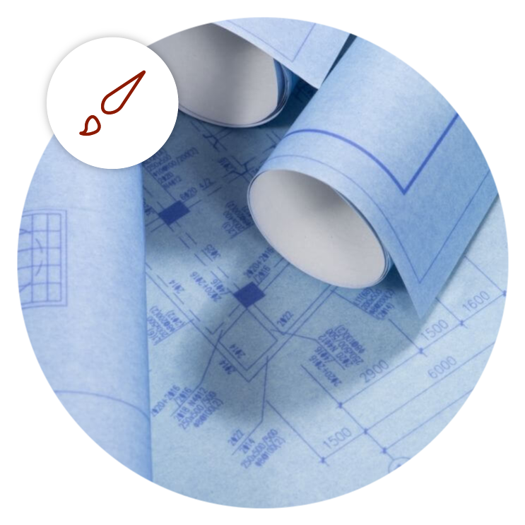 Byggetegninger kuttet til en sirkel, med et ikon av en malepensel over