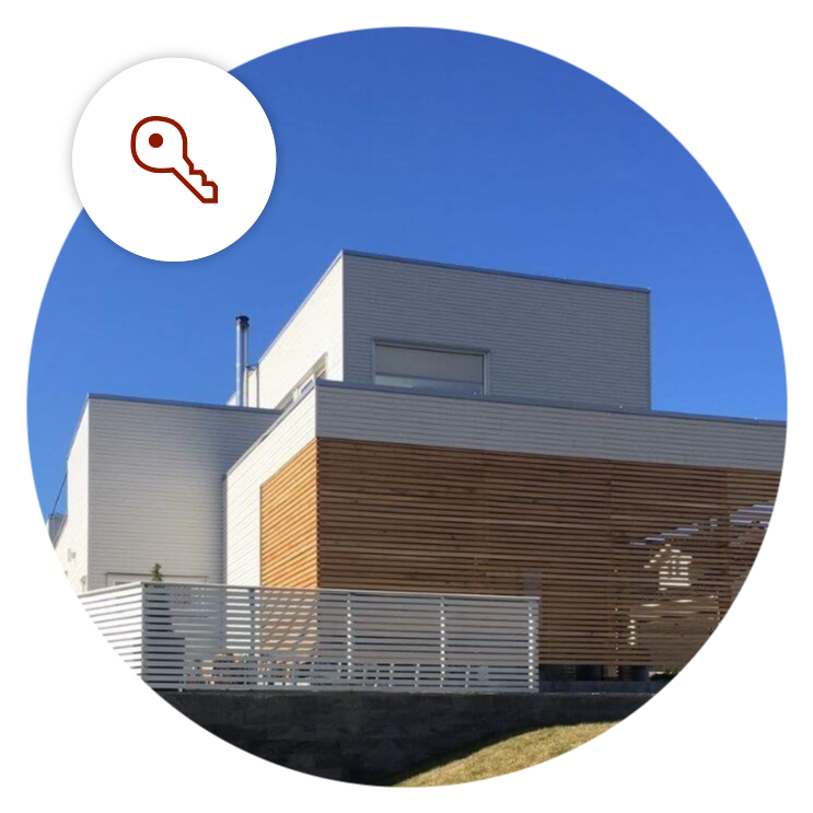 Nybygg kuttet til en sirkel, med et ikon av en nøkkel over