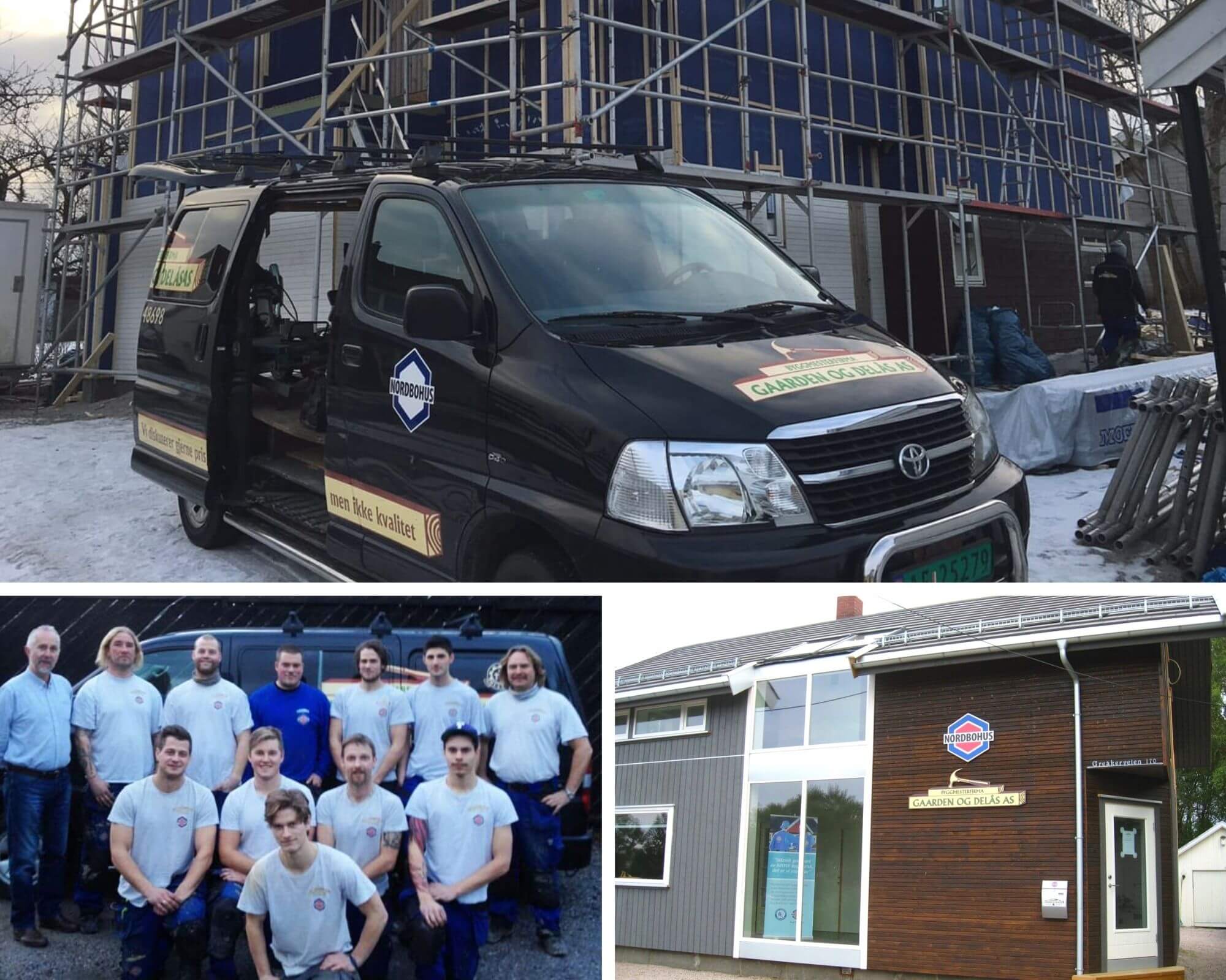 Collage med et bilde av firmabil, et bilde av ansatte og et bilde av fasaden ved inngangen til Byggmesterfirma Gaarden og Delås AS